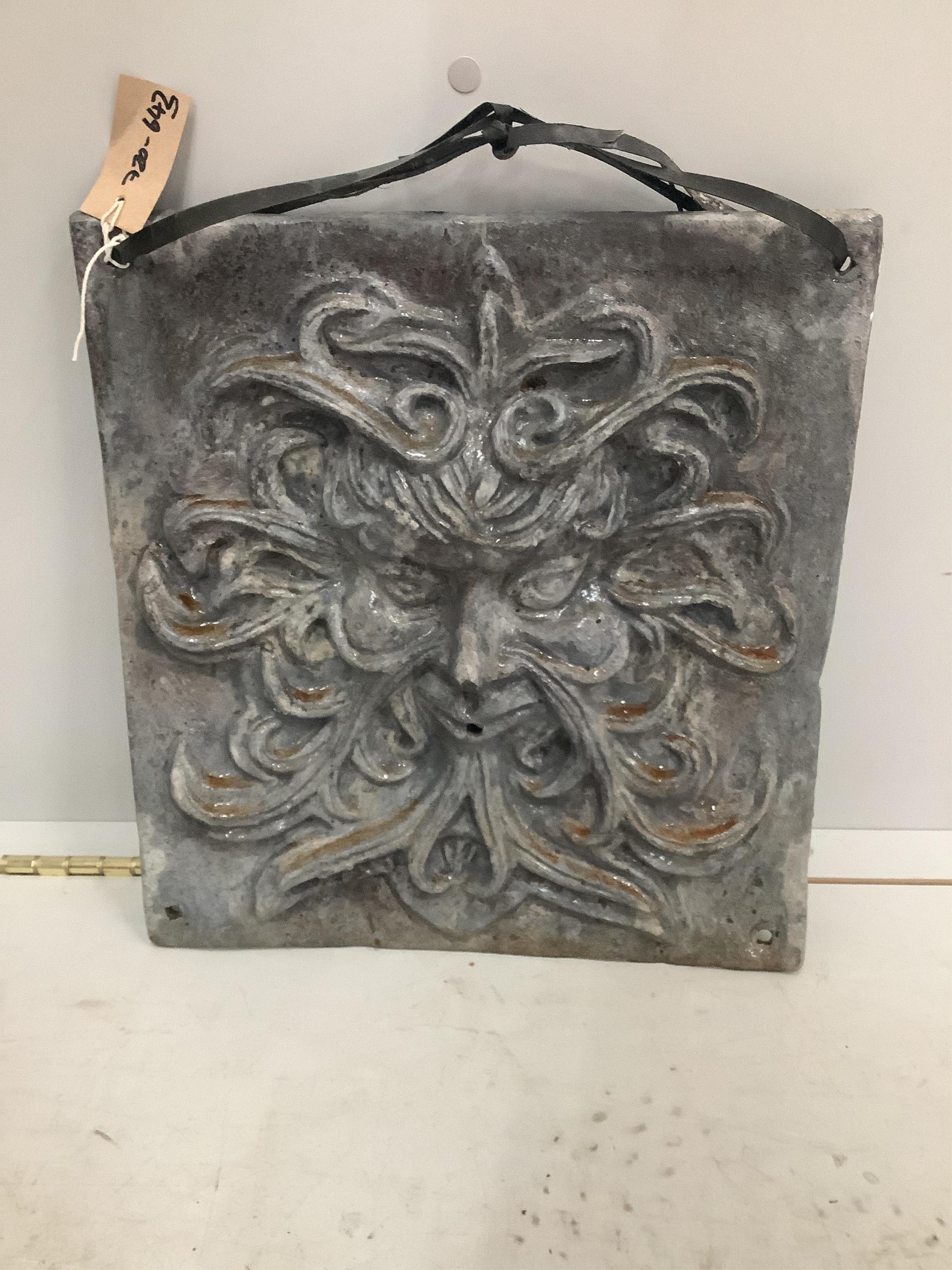 A lead 'Green Man' or 'North Wind' mask fountain spout, 41 x 40cm. Condition - weathered